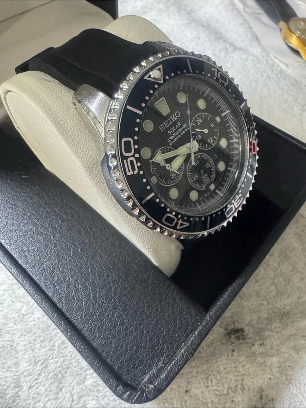 #190 Seiko Black and Silver Solar Chronograph Dive Watch